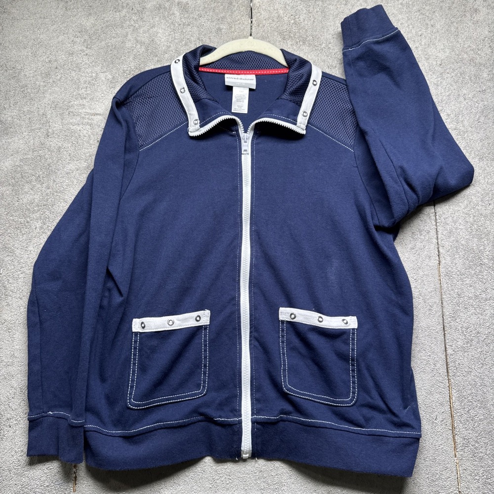 alfred dunner nautical zip‎ jacket navy white trim sailboat graphic petite 14p
